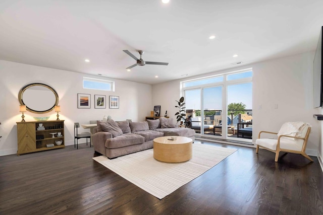 2707 W Belmont Ave Unit 4W, Chicago, IL 60618 - living room featuring dark wood finished floors, ceiling fan, and recessed lighting