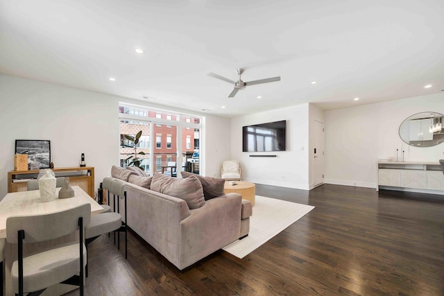 2707 W Belmont Ave Unit 4W, Chicago, IL 60618 - living room featuring dark wood-style floors, a ceiling fan, and recessed lighting