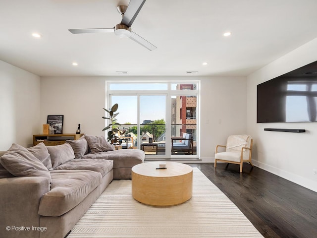 2707 W Belmont Ave Unit 4W, Chicago, IL 60618 - living area with dark wood-style flooring, recessed lighting, and ceiling fan