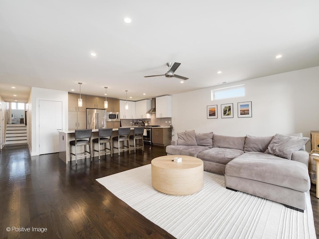 2707 W Belmont Ave Unit 4W, Chicago, IL 60618 - living area featuring recessed lighting, a ceiling fan, dark wood-style floors, and stairs