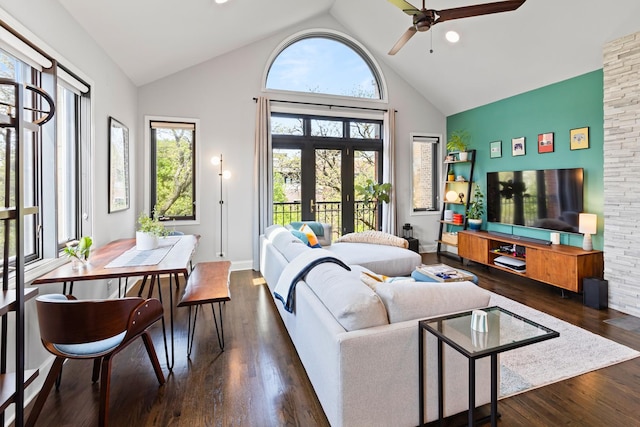 3047 N Racine Ave Unit 3, Chicago, IL 60657 - living area featuring high vaulted ceiling, ceiling fan, and wood finished floors