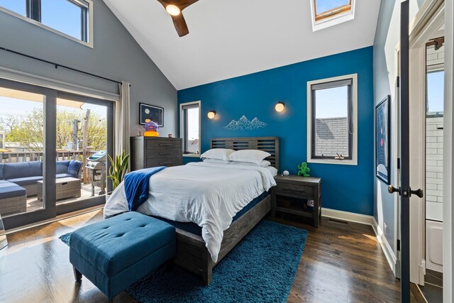 3047 N Racine Ave Unit 3, Chicago, IL 60657 - bedroom featuring high vaulted ceiling, multiple windows, access to outside, wood finished floors, and ceiling fan