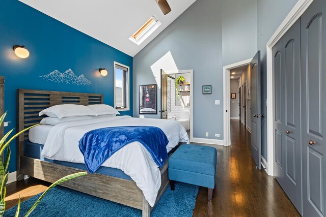 3047 N Racine Ave Unit 3, Chicago, IL 60657 - bedroom with a skylight, a closet, high vaulted ceiling, wood finished floors, and ceiling fan