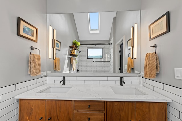 3047 N Racine Ave Unit 3, Chicago, IL 60657 - bathroom with double vanity, tiled shower, and a skylight