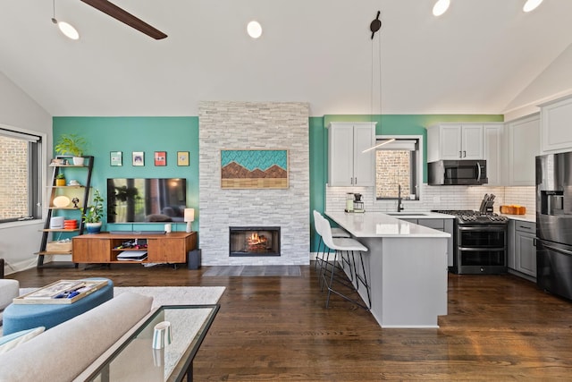 3047 N Racine Ave Unit 3, Chicago, IL 60657 - kitchen featuring stainless steel appliances, vaulted ceiling, open floor plan, a peninsula, and decorative backsplash