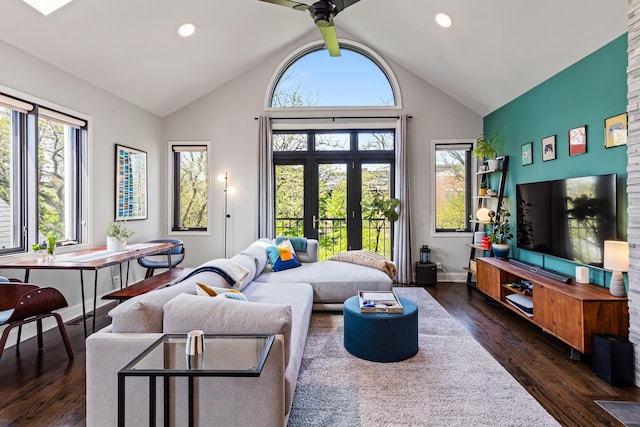 3047 N Racine Ave Unit 3, Chicago, IL 60657 - living area featuring dark wood-style flooring, french doors, high vaulted ceiling, a ceiling fan, and recessed lighting