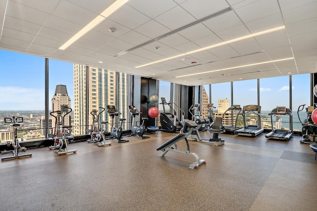 175 E Delaware Pl Unit 6021, Chicago, IL 60611 - gym with floor to ceiling windows, a city view, and a paneled ceiling