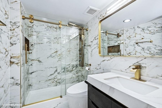175 E Delaware Pl Unit 6021, Chicago, IL 60611 - full bath featuring vanity, a marble finish shower, tile walls, and recessed lighting