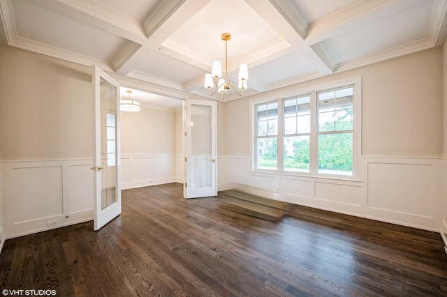 5903 Timber Trails Blvd, Western Springs, IL 60558 - empty room with coffered ceiling, french doors, a chandelier, dark wood-type flooring, and beam ceiling