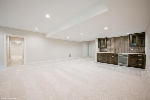 5903 Timber Trails Blvd, Western Springs, IL 60558 - indoor bar featuring wine cooler, tasteful backsplash, light colored carpet, and recessed lighting