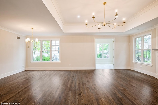 5903 Timber Trails Blvd, Western Springs, IL 60558 - spare room with a chandelier, ornamental molding, dark wood-style flooring, and a tray ceiling
