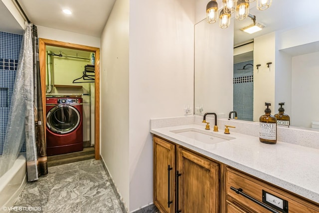 920 W Sheridan Rd Unit 305, Chicago, IL 60613 - bathroom with washer / dryer, vanity, and shower / tub combo with curtain