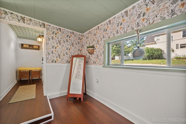 704 Cedar Ave, Saint Charles, IL 60174 - interior space with a wainscoted wall, hardwood / wood-style flooring, crown molding, and wallpapered walls