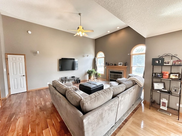 597 Barry Turn, Manteno, IL 60950 - living area with ceiling fan, hardwood / wood-style floors, a glass covered fireplace, recessed lighting, and a textured ceiling