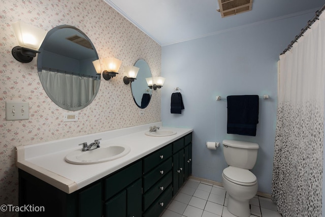 6665 Foxtree Ave, Woodridge, IL 60517 - full bath with wallpapered walls, double vanity, tile patterned floors, ornamental molding, and a chandelier