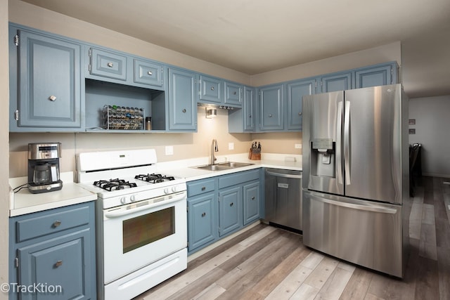 6665 Foxtree Ave, Woodridge, IL 60517 - kitchen featuring appliances with stainless steel finishes, blue cabinets, light wood-style flooring, and light countertops