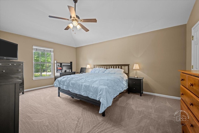 3210 Larrabee Dr, Geneva, IL 60134 - bedroom with light colored carpet, vaulted ceiling, and a ceiling fan