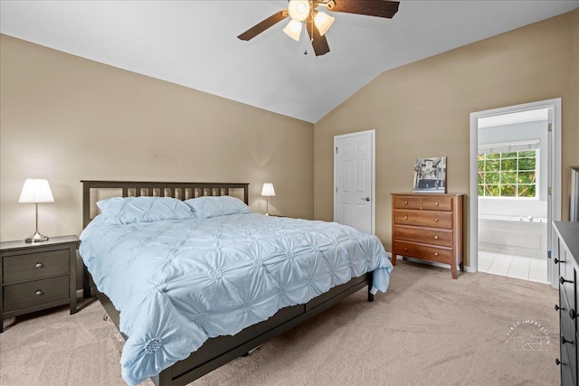 3210 Larrabee Dr, Geneva, IL 60134 - bedroom featuring light carpet, vaulted ceiling, ceiling fan, and ensuite bath