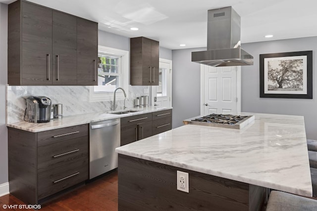 2721 Joseph Ave, Des Plaines, IL 60018 - kitchen with island range hood, stainless steel appliances, dark brown cabinets, and recessed lighting