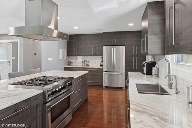 2721 Joseph Ave, Des Plaines, IL 60018 - kitchen with stainless steel appliances, extractor fan, tasteful backsplash, dark brown cabinets, and dark wood-style flooring