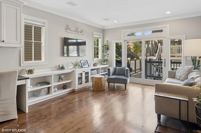 3444 N Hamilton Ave, Chicago, IL 60618 - living room with crown molding, wood finished floors, and recessed lighting