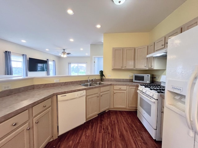 913 Yorktown St, Mchenry, IL 60050 - kitchen featuring white appliances, under cabinet range hood, dark wood-style flooring, a ceiling fan, and recessed lighting
