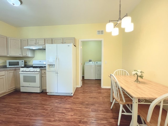 913 Yorktown St, Mchenry, IL 60050 - kitchen with white appliances, independent washer and dryer, under cabinet range hood, dark wood finished floors, and a chandelier