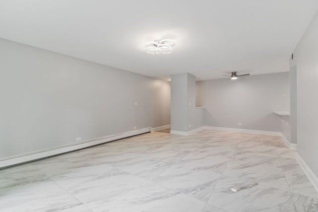 8232 Niles Center Rd Unit 101, Skokie, IL 60077 - below grade area featuring a baseboard radiator, light marble finish flooring, and a ceiling fan