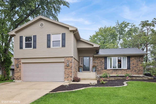 647 Farnham Ln, Wheaton, IL 60189 - split level home featuring brick siding, concrete driveway, a front yard, and a garage