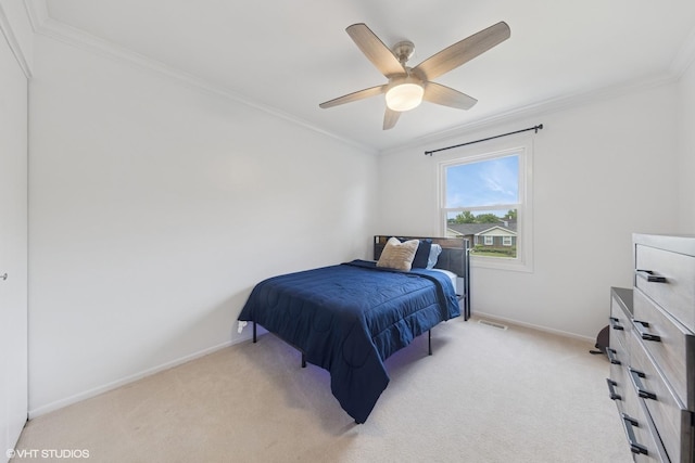 647 Farnham Ln, Wheaton, IL 60189 - bedroom with light carpet, ornamental molding, and a ceiling fan