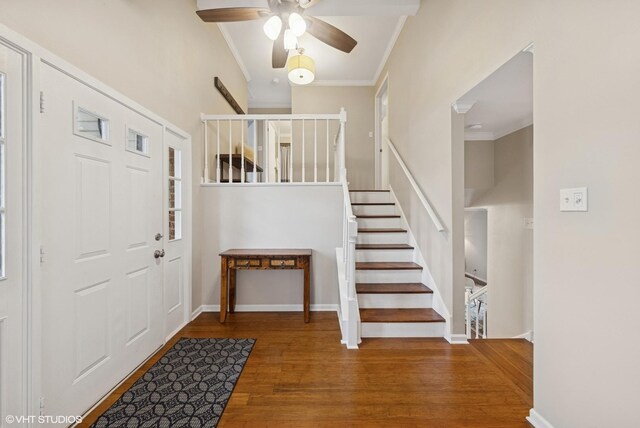 647 Farnham Ln, Wheaton, IL 60189 - entryway featuring wood finished floors, stairs, crown molding, and a ceiling fan