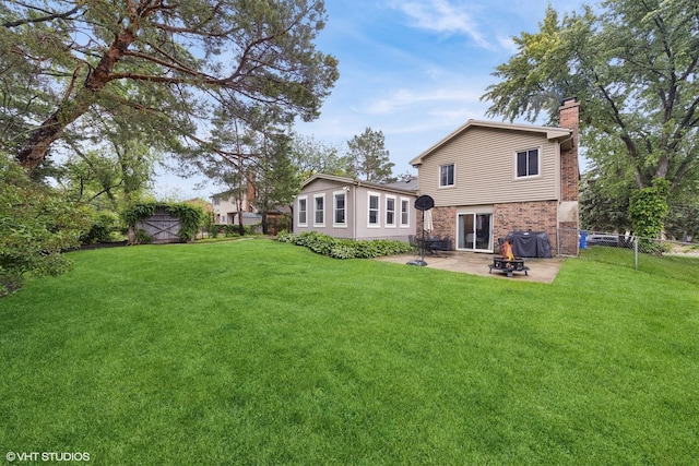 647 Farnham Ln, Wheaton, IL 60189 - rear view of property with a patio area, a chimney, an outdoor fire pit, a fenced backyard, and brick siding