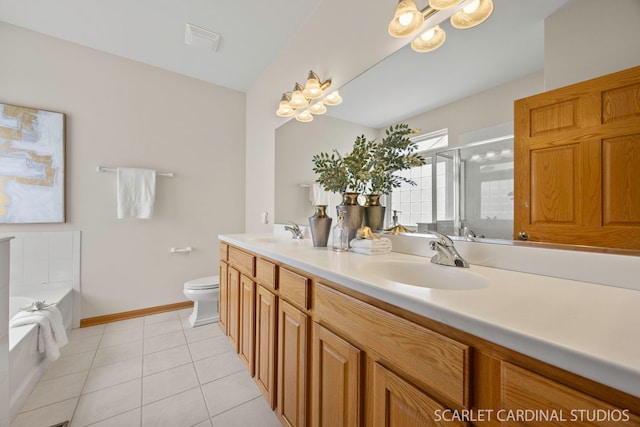1962 Highbury Ln, Aurora, IL 60502 - bathroom with double vanity, a bath, a stall shower, and tile patterned floors