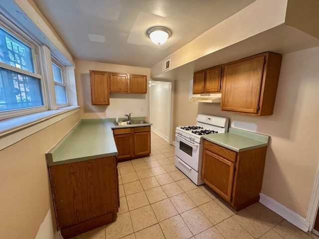 947 E Hyde Park Blvd Unit G, Chicago, IL 60615 - kitchen featuring gas range gas stove, under cabinet range hood, and brown cabinets
