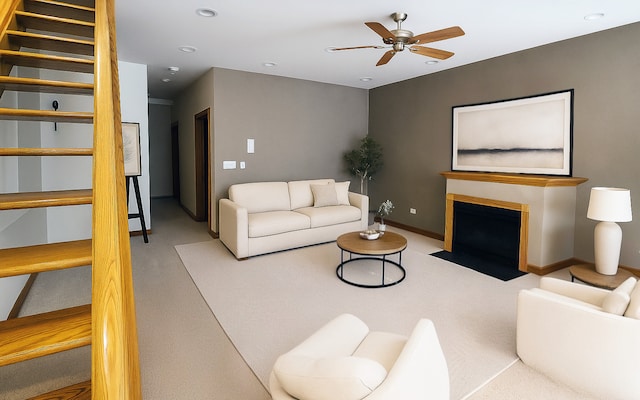 1644 W Lemoyne St Unit 1, Chicago, IL 60622 - living room with a ceiling fan, carpet flooring, recessed lighting, and a fireplace with flush hearth