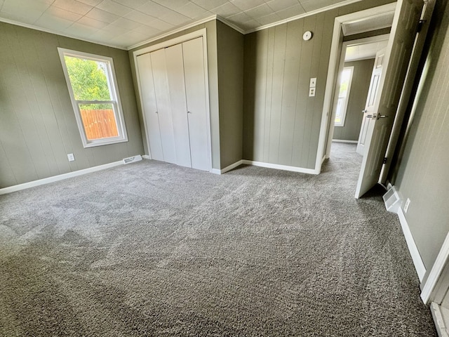 401 E 1st St, Oglesby, IL 61348 - unfurnished bedroom with carpet floors, crown molding, a closet, and wood walls