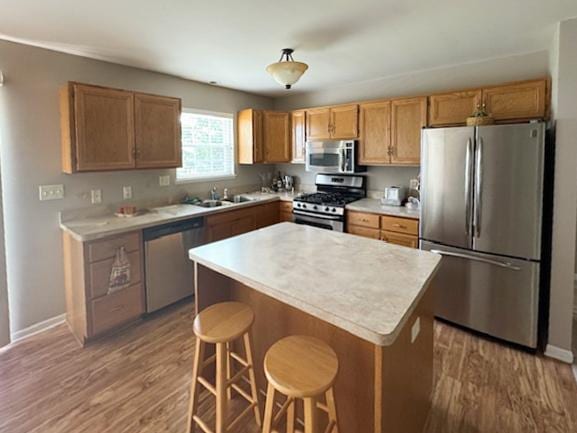 645 Tally St, Earlville, IL 60518 - kitchen with stainless steel appliances, wood finished floors, light countertops, a kitchen bar, and a kitchen island