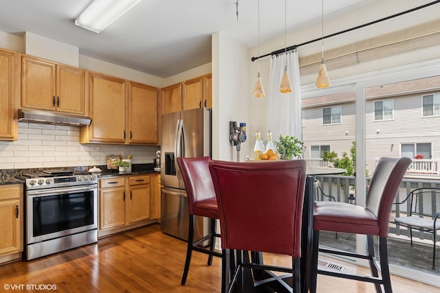 2396 Oakfield Ct, Aurora, IL 60503 - kitchen with appliances with stainless steel finishes, under cabinet range hood, decorative backsplash, wood finished floors, and dark stone counters