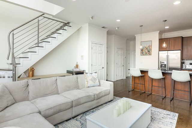 1644 W Blackhawk St Unit 2E, Chicago, IL 60622 - living area featuring dark wood-style flooring, recessed lighting, stairs, and ornamental molding