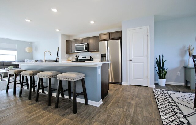 6650 Linden Trl Unit B, Wonder Lake, IL 60097 - kitchen featuring stainless steel appliances, dark brown cabinetry, a kitchen breakfast bar, dark wood-type flooring, and an island with sink