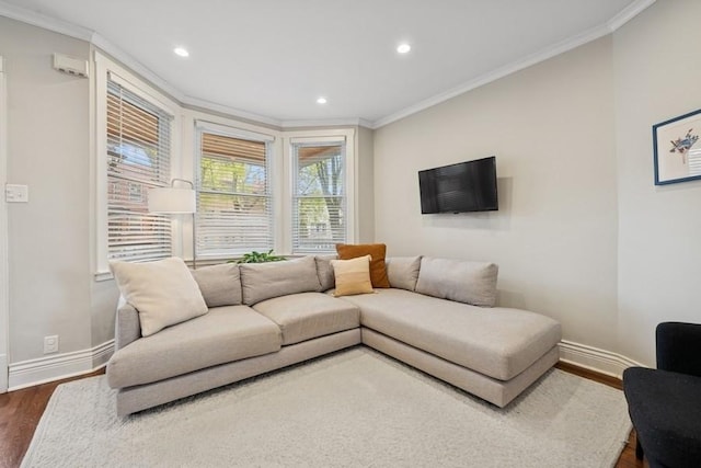 3739 W Palmer St, Chicago, IL 60647 - living area with ornamental molding, dark wood finished floors, and recessed lighting