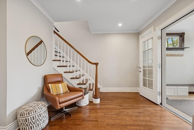 3739 W Palmer St, Chicago, IL 60647 - sitting room featuring wood finished floors, ornamental molding, recessed lighting, and stairway