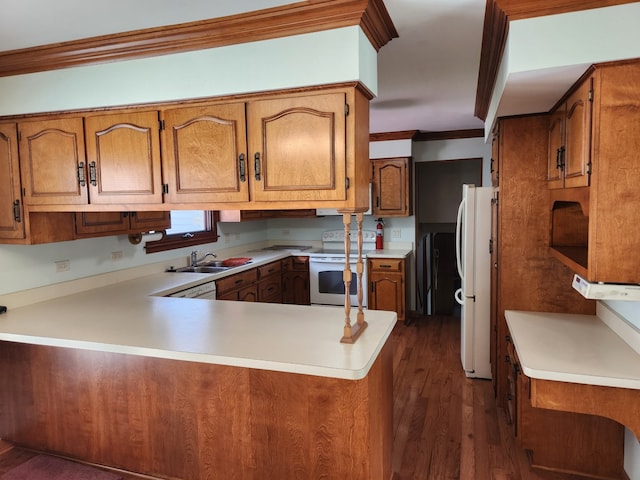 624 Maple Ave, Lisle, IL 60532 - kitchen featuring white appliances, ornamental molding, a peninsula, and brown cabinets