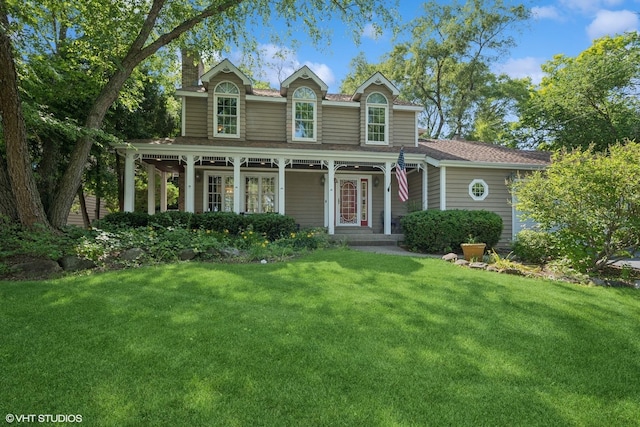 42 N Holly Ave, Fox Lake, IL 60020 - view of front of house featuring a front yard, a chimney, covered porch, and roof with shingles