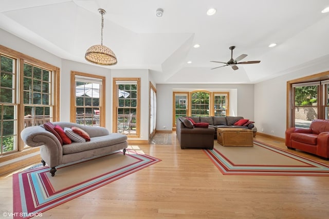 42 N Holly Ave, Fox Lake, IL 60020 - living area featuring light wood-style floors, recessed lighting, lofted ceiling, and a ceiling fan