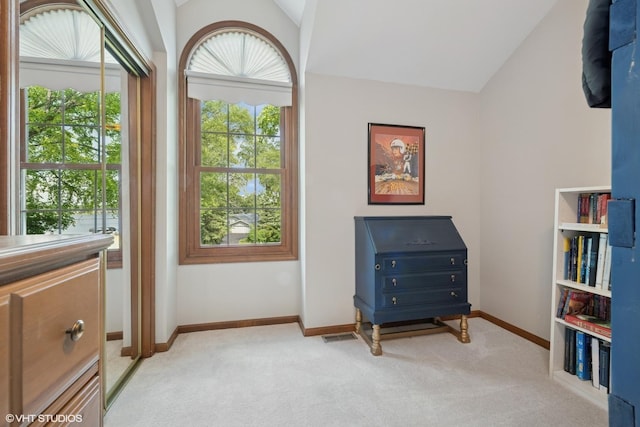 42 N Holly Ave, Fox Lake, IL 60020 - sitting room featuring vaulted ceiling, plenty of natural light, and light carpet