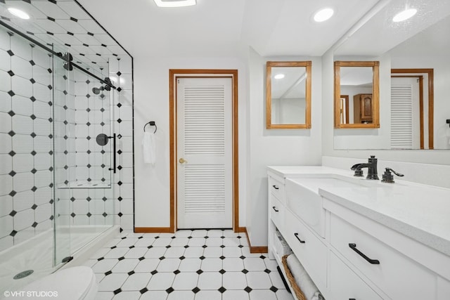42 N Holly Ave, Fox Lake, IL 60020 - bathroom with tile patterned floors, vanity, a shower stall, recessed lighting, and a closet