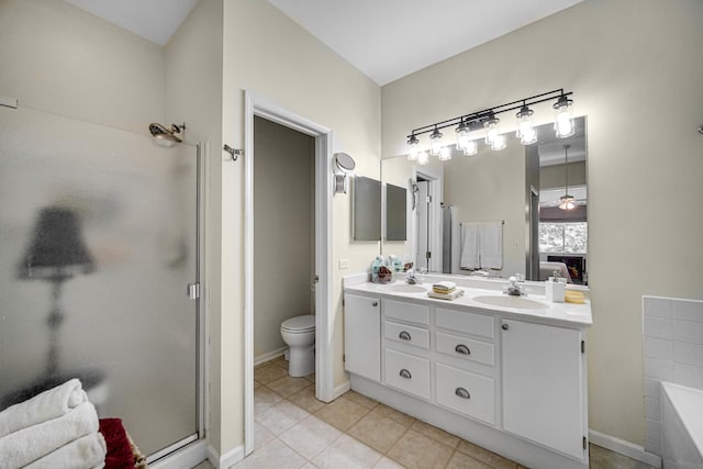 361 Cascade Ln Unit 1, Oswego, IL 60543 - bathroom with a stall shower, double vanity, a garden tub, and tile patterned floors