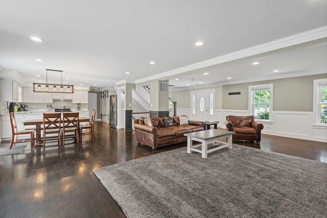1401 Fallcreek Ct, Naperville, IL 60565 - living room with dark wood-style flooring, ornamental molding, wainscoting, a decorative wall, and stairway