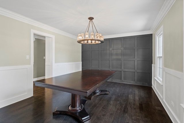 1401 Fallcreek Ct, Naperville, IL 60565 - unfurnished dining area featuring a decorative wall, ornamental molding, a chandelier, dark wood finished floors, and wainscoting